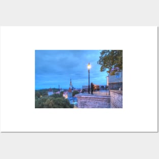 View from Toompea of Lower Town, Old Town with St. Olai's Church or Oleviste Kirik, and the towers of the city wall at dusk, Tallinn, Estonia, Europe Posters and Art